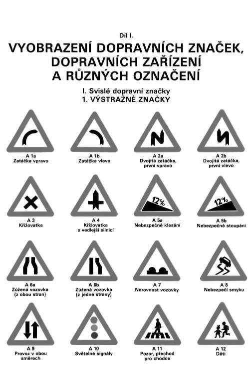 Díl I. VYOBRAZENÍ DOPRAVNÍCH ZNAČEK, DOPRAVNÍCH ZAŘÍZENÍ A RŮZNÝCH OZNAČENÍ I. Svislé dopravní značky 1. VÝSTRAŽNÉ ZNAČKY A 1a Zatáčka vpravo Alb Zatáčka vlevo A 2a Dvojitá zatáčka.