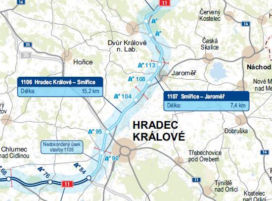 Zásadní stavby na území města (1) D 11 aktuální stav: je požádáno o stavení povolení na úseky D11-1106 a D11-1107 probíhají