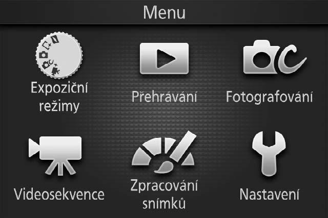 s Tlačítko G Provozní režimy a většinu volitelných možností pro fotografování, přehrávání a nastavení lze nastavovat prostřednictvím menu fotoaparátu.