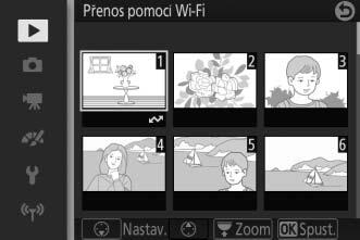 Přenos více vybraných snímků Chcete-li přenést více vybraných snímků, použijte položku Přenos pomocí Wi-Fi v menu přehrávání. 1 Vyberte položku Přenos pomocí Wi-Fi.