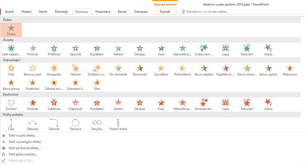Přechody snímků Karta Animace pro ukázku lze použít