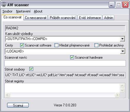 Záložky s nastavením scaneru Záložka Co scanovat V první kolonce se objevuje název (identifikace) scanovaného PC. Přednastaveno v AWSCANER.INI parametr COMPID=<COMPUTERNAME> tedy dle Computer Name.