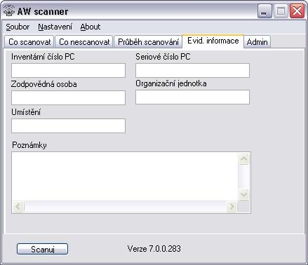 Záložka Evid. informace Tato volba slouží zejména ke sběru informací při prvním scanování. Zde zadané položky se po přihrání doplní do karty PC.