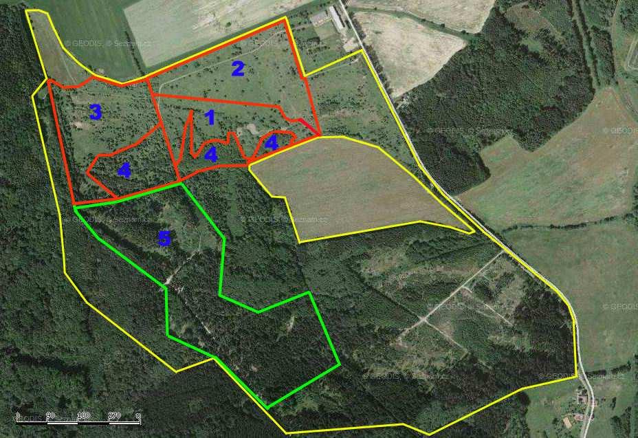 24 MAPA 4: Navrhovaná PP Střelnice u Semanína. V leteckém snímku je žlutě vyznačena hranice studovaného území.