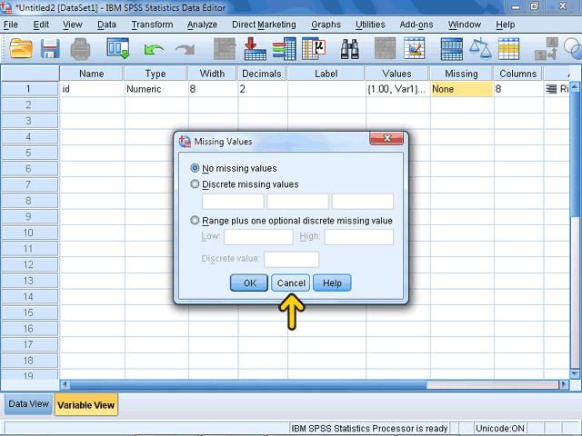 اکنون ميتوانيد در اين پنجره روش برخورد SPSS با مقادير غايب را تعيين کنيد. با انتخاب گزينه اول Values) (No Missing يعني ھيچ مقدار غايب در اين پرونده وجود ندارد.