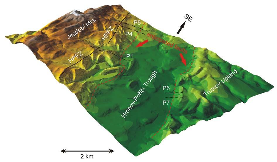 sediments, 7 epicentres of seismic events recorded from 1985 to 2005 (after Catalogue of regional seismic events, published by the Geophysical Institute AS CR at http://web.ig.cas.