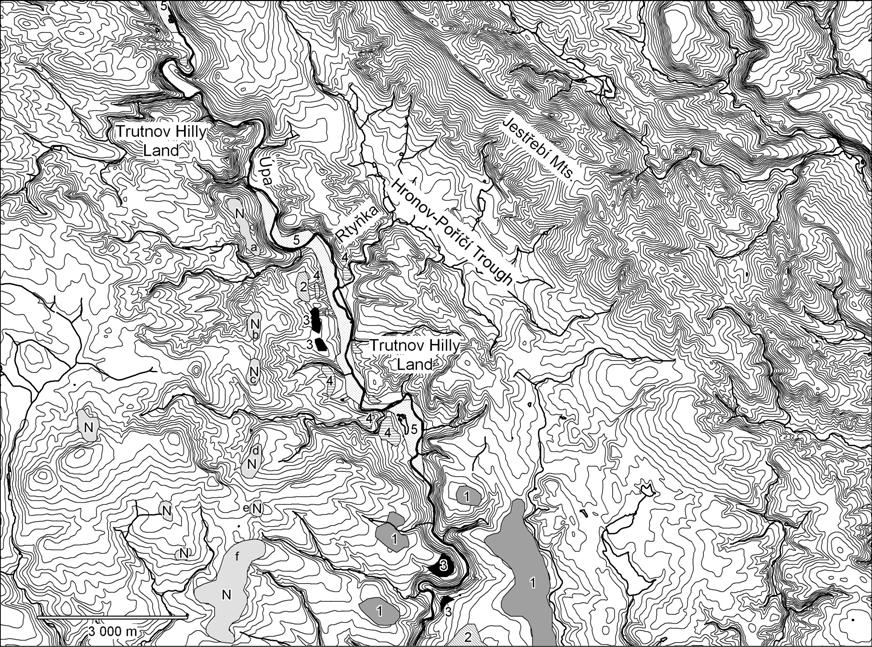 188 J. Valenta et al. Fig. 3 Fluvial terraces and surface topography in the area of the Rtyňka valley. Contour lines spacing 5 m. Fluvial terraces after Král (1949).