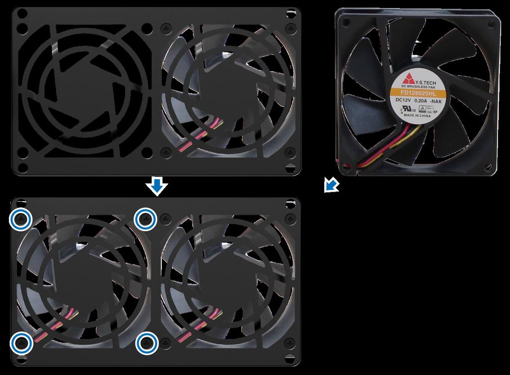 5 Instalace nového ventilátoru: a Nahraďte nefunkční ventilátor dobrým (tak, aby kabel ventilátoru ve ventilátoru směřoval do levého dolního