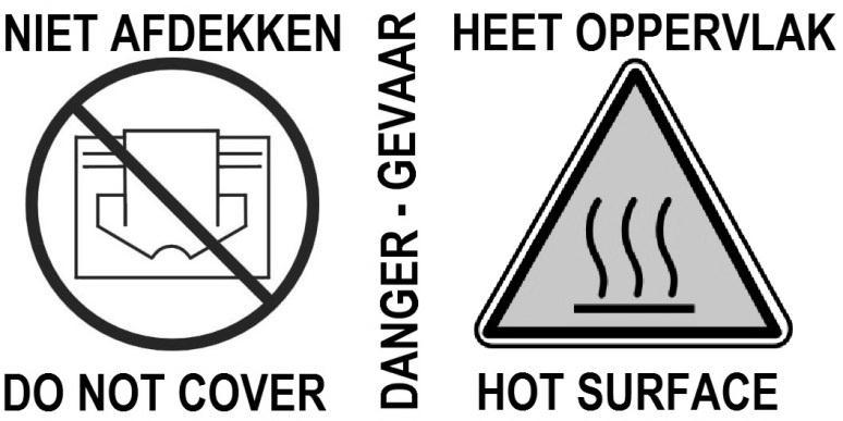 2 NL Deze symbolen op uw apparaat betekenen: niet afdekken gevaar heet oppervlak! EN These symbols on your device mean: do not cover danger hot surface!