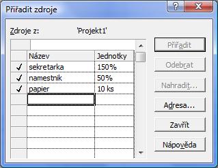 Obr. 6: Priraďovanie zdrojov Tu si môžeme vybrať zdroje a jednotky a pomocou tlačidla Přiřadit ich priradíme k danej úlohe.