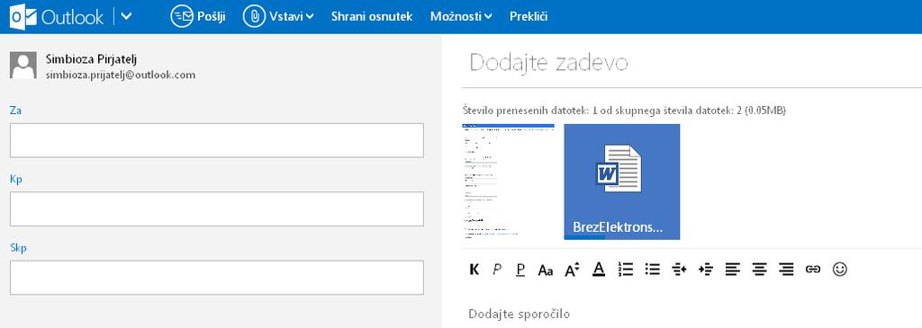 Po kliku se nam odpre okno, kjer poiščemo dokument, ki ga želimo dodati sporočilu kot