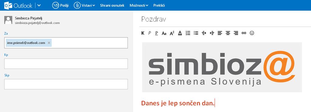 5.3 SLIKA V BESEDILU Sporočilu, želimo dodati sliko, ne kot prilogo, temveč med napisano besedilo.. To naredimo tako, da kliknemo na gumb»vstavi«in nato»slika v vrstici«.