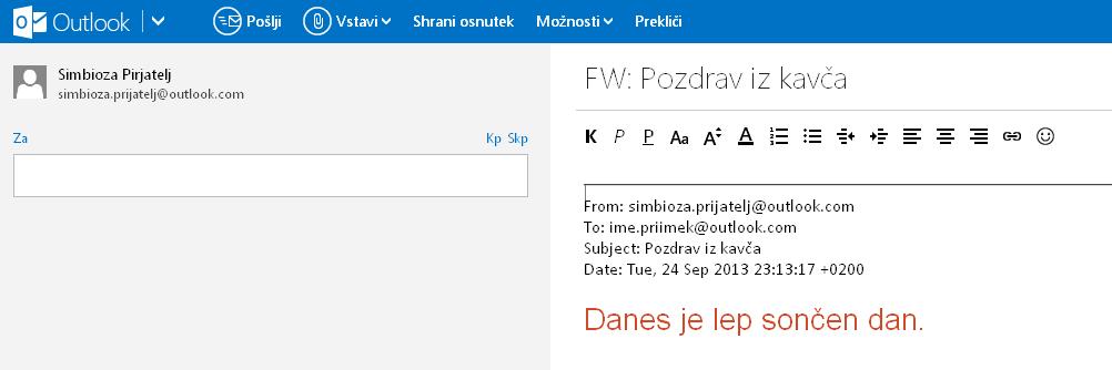 Po kliku na gumb Posreduj se nam v polju za sporočilo pojavi sporočilo, ki ga želimo posredovati. Vpisati moramo le še elektronski naslov in pošto poslati dalje s klikom na gumb Pošlji.