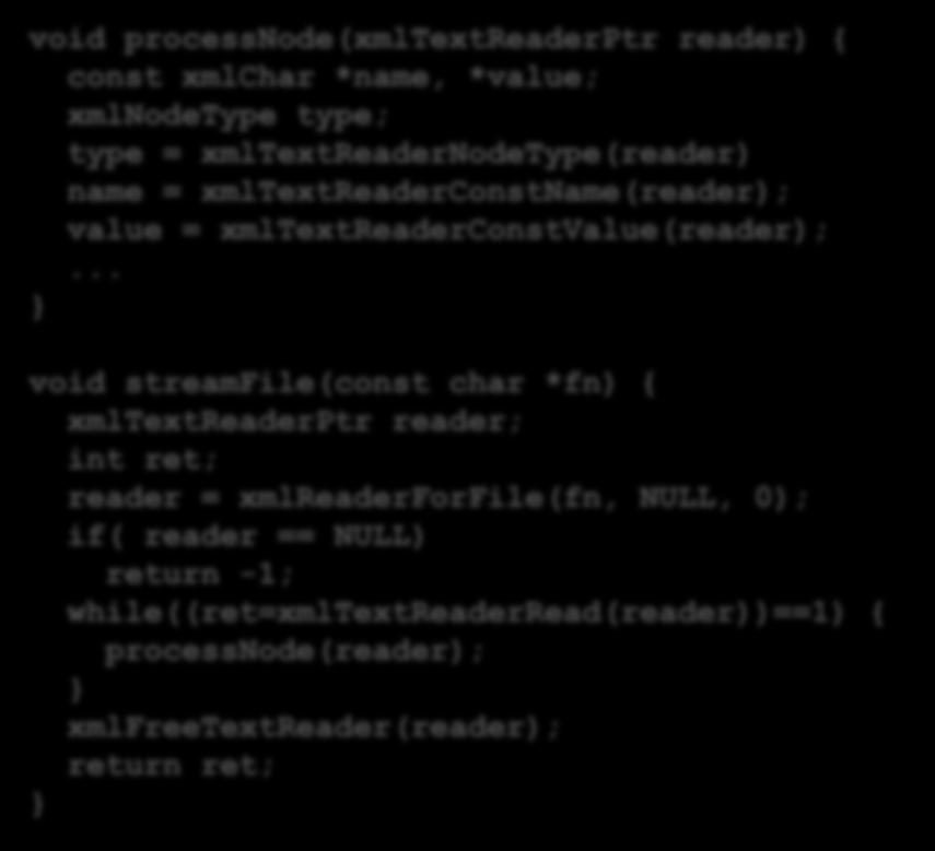 void processnode(xmltextreaderptr reader) { const xmlchar *name, *value; xmlnodetype type; type =