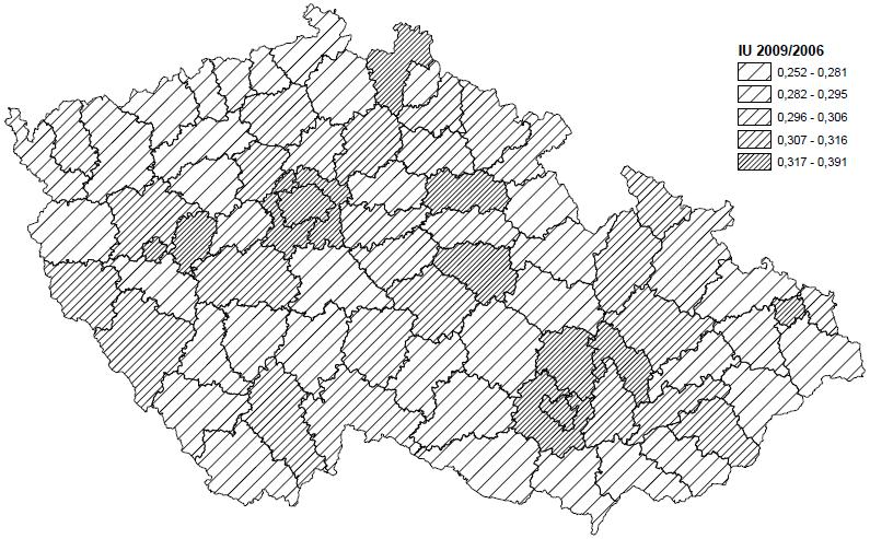 skutečnost, že nejvyšších hodnot dosáhl index úspěšnosti v aglomeracích velkých měst, Prahy, Brna a především Plzně, které jsou charakteristické vyšším podílem voličů ODS.