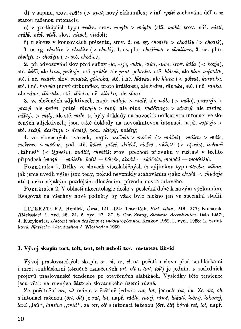 d) v supinu, srov. spáfrb (> spát; nový cirkumflex; v inf. spáti zachována délka se starou raženou intonací); e) v participiích typu vedh, srov. moglt > mógl-b (stč. mohl; srov. nář.