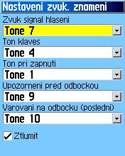 Nastavenie Zvukových znamení Stránka umožňuje nastaviť tóny pre rôzne situácie a prvky prístroja. Pre použitie nastavení stránky s tónmi: 1. Presuňte sa na stránku Nastaveni zvuk. znameni. 2.