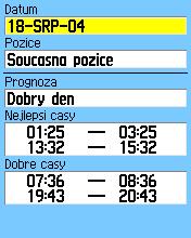 GPS doplnky Menu pre výber pozície Lov a ryby Stránka nastavení lovu a rybolovu Voľby stránky Lov & Ryby Tabuľky lovu a rybolovu poskytujú zoznam predpovedí najlepších časov pre lov na vybranom míste