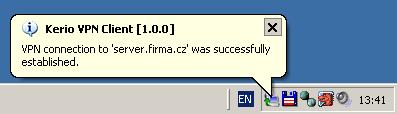 Kapitola 2 Použití aplikace Kerio VPN Client Informace o připojení a ukončení spojení Bezprostředně po úspěšném připojení se u ikony na nástrojové liště na určitou dobu zobrazí informace o připojení