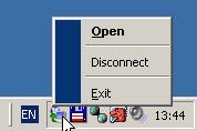 Funkce přístupné přes ikonu na nástrojové liště Po kliknutí na ikonu pravým tlačítkem myši se zobrazí kontextové menu s následujícími funkcemi: Open otevření hlavního okna programu Kerio VPN Client
