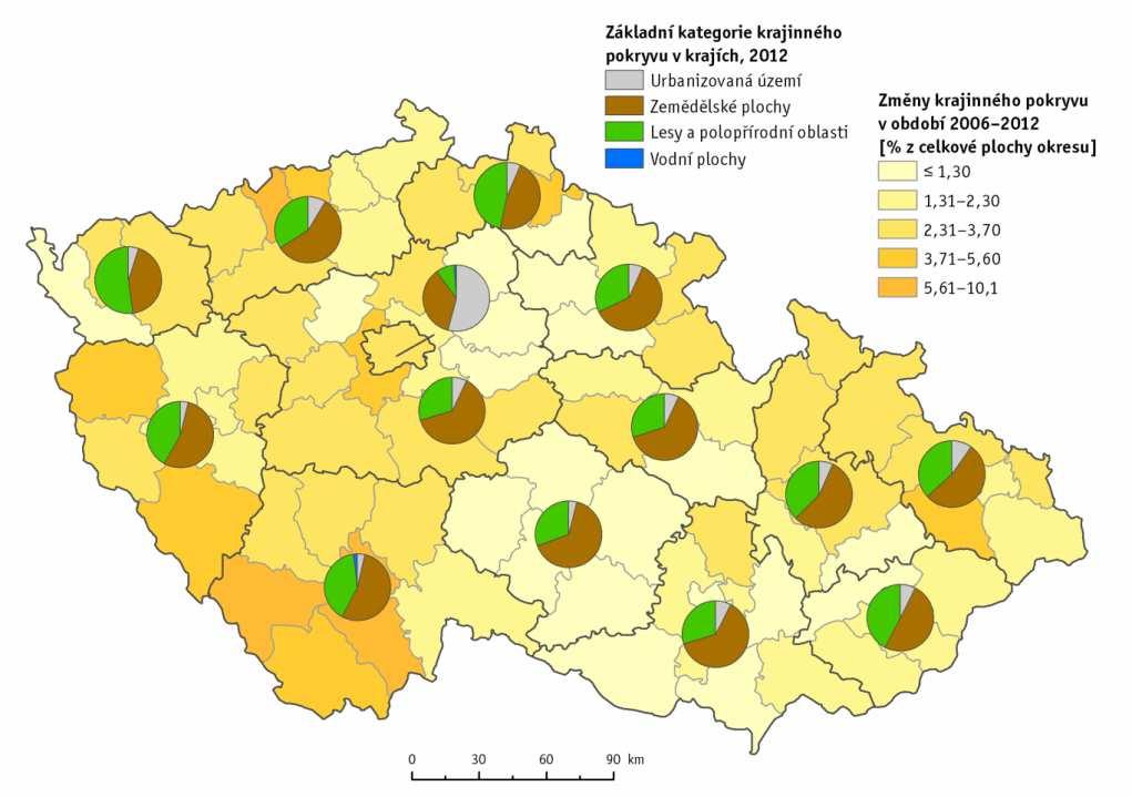 Základníkategorie krajinného pokryvu vkrajích ČR v roce 2012 a