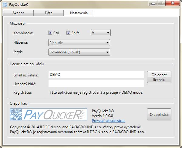 5. Aktivácia PayQuickeR Po nainštalovaní bude aplikácia PayQuickeR bežať v móde DEMO a preto je ju nutné aktivovať. Pri spustenom programe kliknite na kartu záložku Nastavenia.