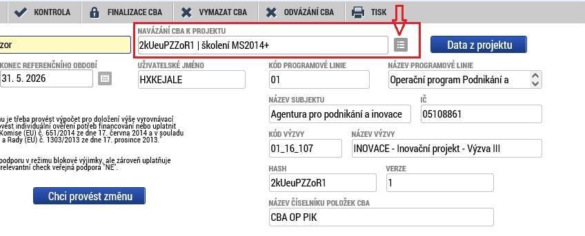 Modul CBA - Napojení přepočtené CBA na ZZOR V modulu CBA příjemce založí kopii stávající CBA, upraví dle aktuálních