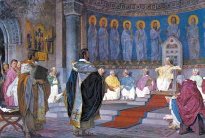 Svätí Cyril a Metod bránia starosloviensku liturgiu v prítomnosti pápeža Hadriána II. (freska S. Nobiliho v Bazilike sv. Klementa v Ríme, 1882 1886) hospodár, ktorý sa nazýval logofet.