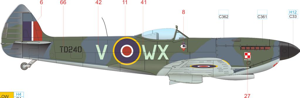 TD240, Flown by S/Ldr. Boleslaw Kaczmarek, CO of No. 302 Squadron, Varrelsbuch Air Field, E Germany, summer 1945 This aircraft was formerly flown by G/C Gabszewicz, the CO of No. 131 Wing.