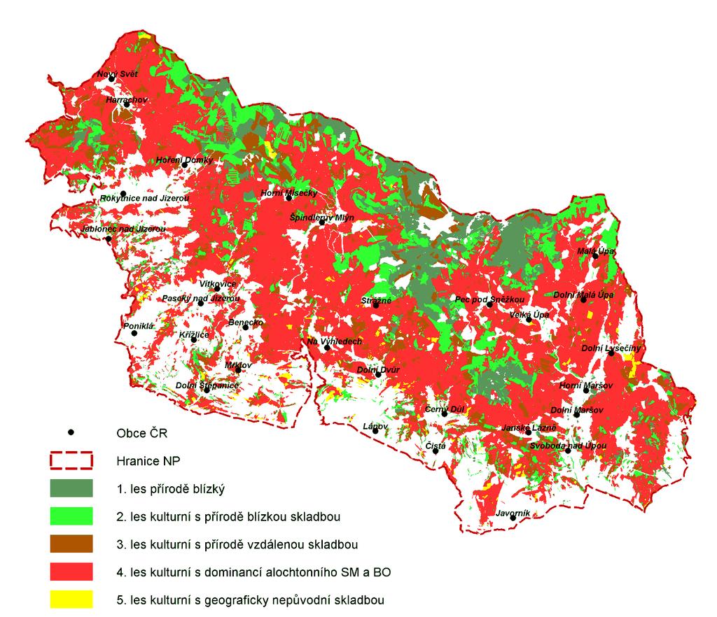 Stupně přirozenosti lesních porostů v Krkonošském národním parku Ve stupni přirozenosti 1 se nachází 6,52 %