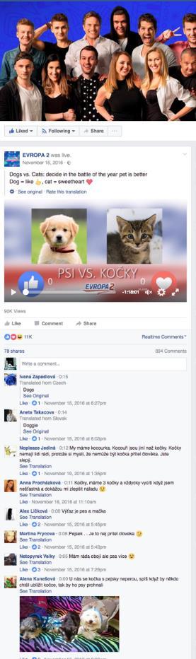 Social: Facebook Livestream anketa Rozhodni, kterou máš radši! Fotky s aktivním hlasováním půlený obraz/fotografie, na jedné straně např. Psi vs. kočky.