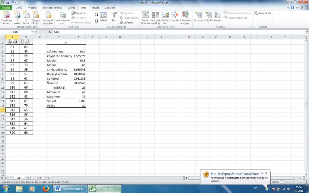 Mcrosoft Excel na datech z předchozího příkladu: Data