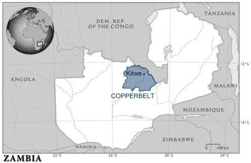 3. CHARAKTERISTIKA STUDOVANÉHO ÚZEMÍ Copperbelt se nachází v Zambijské republice ve vnitrozemí jižní Afriky. Studované území se nachází na jihozápadě průmyslového města Kitwe blízko huti Nkana.