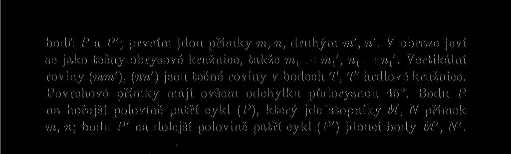 Bodu P na hořejší polovině patří cykl (P), který jde stopníky M, N přímek m, n\ bodu P' na dolejší polovině patří cykl (P') jdoucí body M', N'.