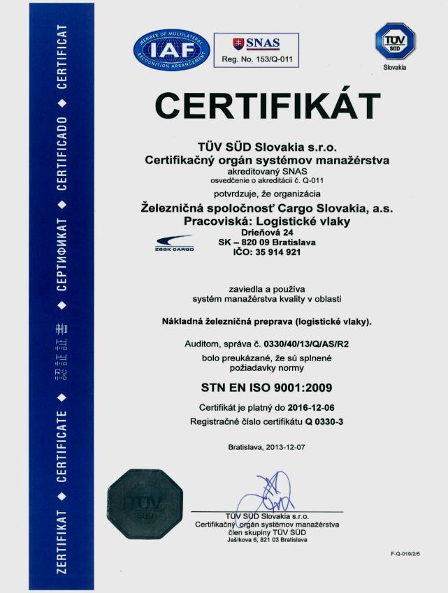 Systém manažérstva kvality v produkte Nákladná železničná preprava (logistické vlaky) v decembri 2013 sme pre tento produkt získali nový certifikát kvality ISO 9001 v súčasnosti máme v produkte