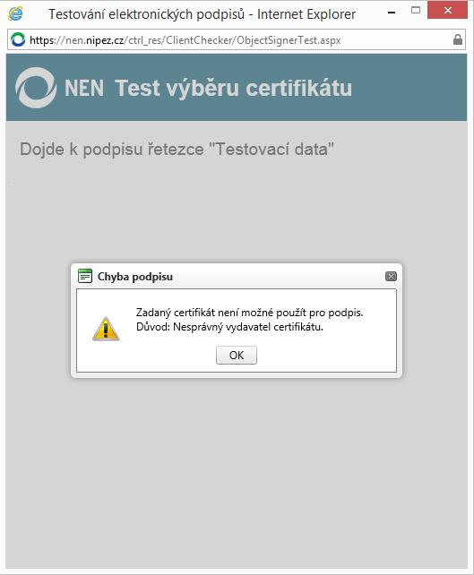 Obrázek 9 Test - chybný certifikát (2) Po kliknutí na tlačítko OK