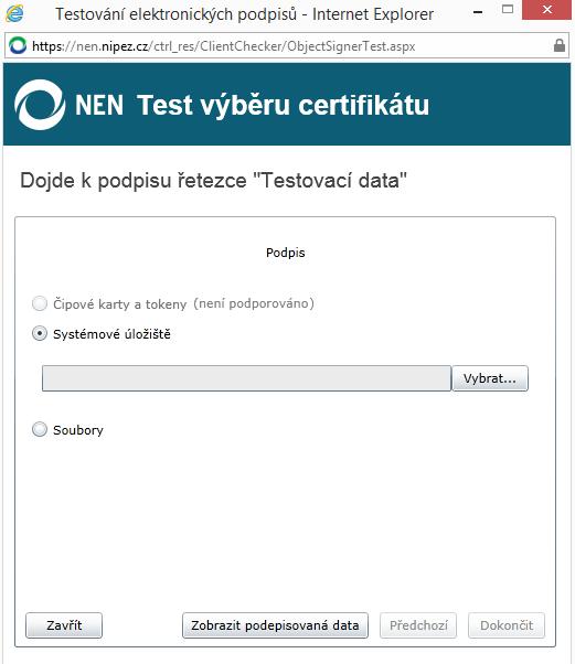 2.1.1 TESTOVÁNÍ ELEKTRONICKÝCH PODPISŮ Test certifikátu a podpisu provedete po kliknutí na tlačítko Test výběru certifikátů (ve spodní části ověření kompatibility).