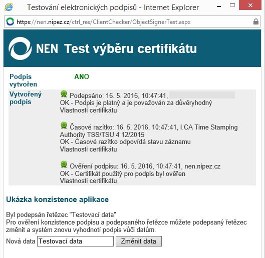 Obrázek 6 Test výběru certifikátů (2) Po vložení certifikátu stiskněte tlačítko Dokončit.