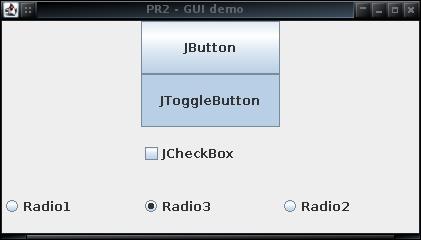 Řídicí komponenty 1/2 Tlačítka JButton zvonková JToggleButton přepínací JCheckBox zaškrtávací JRadioButton a ButtonGroup http://docs.oracle.com/javase/tutorial/uiswing/components/button.