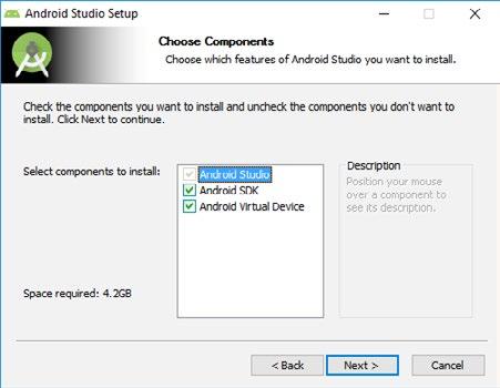 7: Android Studio výběr komponent k instalaci V následujícím dialogu se zobrazí složky, do kterých se