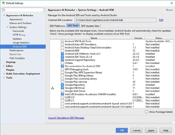 Odemknutí zařízení pro vývoj 37 Nástroje pro vývoj 1 Obrázek 1.29: Instalace ovladače Google USB Driver přes SDK Manager Obrázek 1.
