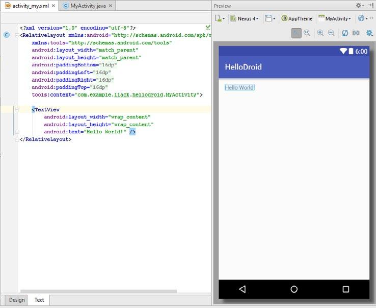 Seznámení se s vývojovým prostředím 43 Nástroje pro vývoj 1 Obrázek 1.39: Návrh uživatelského rozhraní mód Text V pravé části pracovní obrazovky Android Studia najdete ještě dvě důležitá okna.