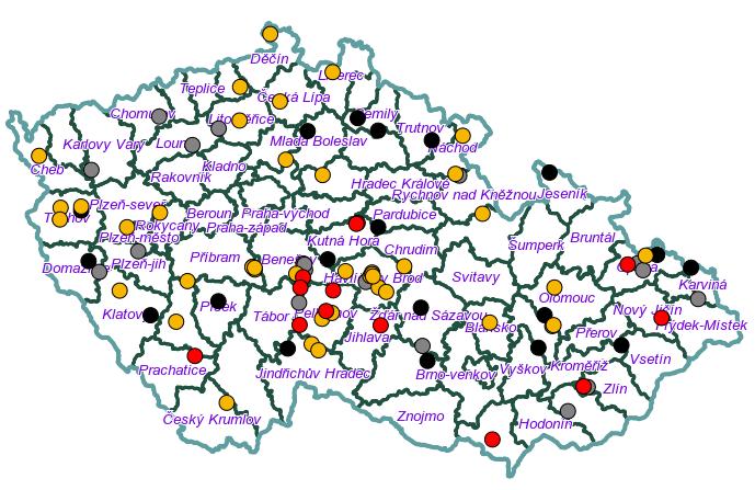 Na obrázku 3.1 je možné vidět, jakým způsobem je výskyt vybraného škůdce na danou plodinu zobrazen uživateli. Jednotlivé body na obrázku určují místo výskytu. Barva těchto bodů určuje velikost tzv.