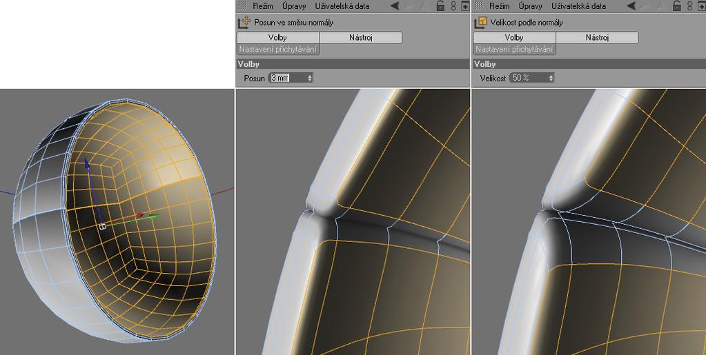 CINEMA 4D R 11.5 Základní návody 107 me příkaz Velikost podle normál (opět menu Struktura) a zadáme hodnotu velikosti 50%.