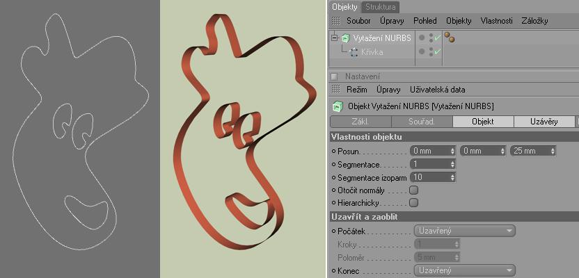 CINEMA 4D R 11.5 Základní návody 23 Objekt Vytažení NURBS Objekty jako například 3D logo, či text, se obecně skládají jen z nějakého obrysu, kterému byla dodána hloubka. Tím vznikl objem objektu.