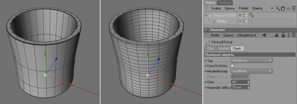 CINEMA 4D R 11.5 Základní návody 31 Následující obrázek definuje jak můžeme použít nastavení rotační segmentace objektu Rotace NURBS pro zvýšení celkové segmentace objektu v tomto směru.