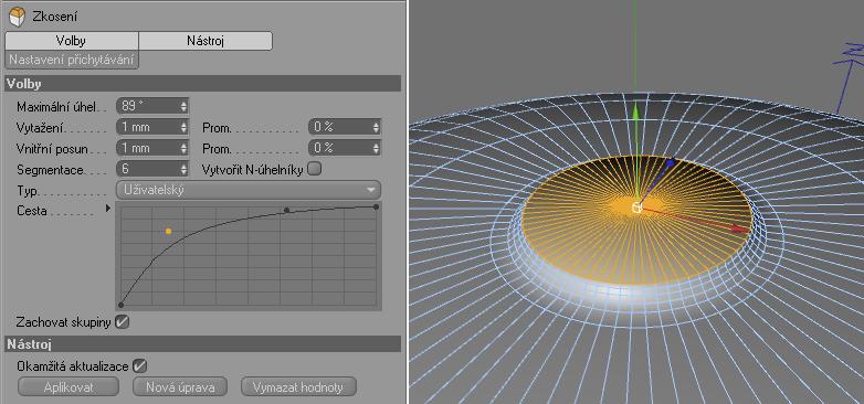 CINEMA 4D R 11.5 Základní návody 49 Přepneme se do nástroje Zkosení a vytáhneme vybrané polygony v hodnotě Vytažení 1 ve směru normály. Vnitřní posun bude také 1.