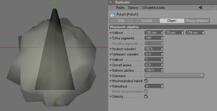 CINEMA 4D R 11.5 Základní návody 7 Objekt Pohoří Spodní část kužele hrotu - nyní ořízneme tak, aby byl okraj řezu přirozeně zubatý.