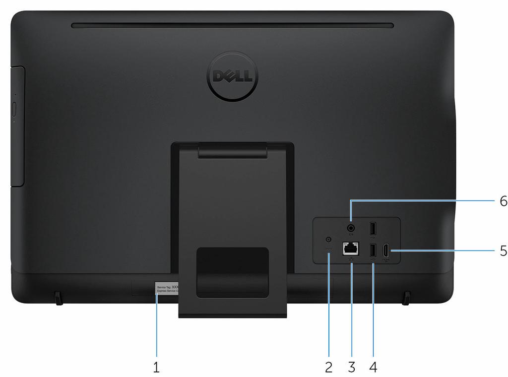 Vzadu 1 Štítek s výrobním číslem Výrobní číslo je jedinečný alfanumerický identifikátor, díky kterému mohou servisní technici společnosti Dell identifikovat hardwarové součásti v počítači a