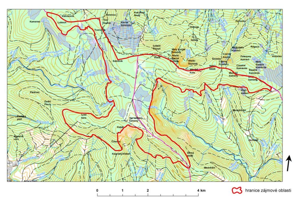 Kapitola 3: Zájmové území Mapa 2: Hlavní zájmové území západní krkonošská tundra (ArcGIS 1.2, zdroj: autorka) Práce tedy hodnotí jak západní, tak východní alpínské bezlesí.